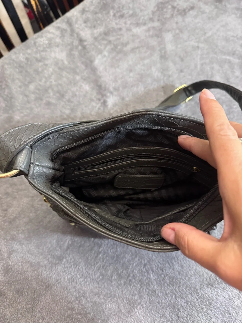 Steve Madden Black Snake-Embossed Crossbody with Gold Hardware
